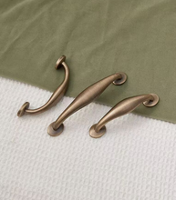 Load image into Gallery viewer, Vintage French Solid Brass Cabinet Pulls, Antique Bronze Small Handles for Wardrobe, Drawer, Shoe Cabinet & Walnut Bookcase