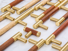 Load image into Gallery viewer, 3.75", 5", 6.3" (160mm) Walnut, Beech & Brass Wardrobe Handles | Modern Kitchen Cabinet Door Handles, Closet Drawer Pulls & Dresser Knobs