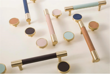 Load image into Gallery viewer, 3.78", 5", 8.8" Solid Brass & Leather Cabinet Pulls | Colorful Modern Black & Blue Drawer Knobs, Wardrobe & Dresser Kitchen Hardware, Decor