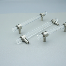 Load image into Gallery viewer, Customizable Clear Acrylic & Brushed Nickel Pulls | Drawer & Dresser Knobs, Cabinet Door & Bathroom Handles, Bar Pull Hardware