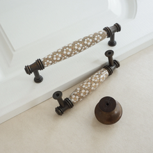 Load image into Gallery viewer, 3.78", 5.0" (96mm) Ceramic Kitchen Handles | Brown, White & Brass Vintage Rural Chic Drawer & Cabinet Pulls, Dresser Knobs