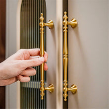 Load image into Gallery viewer, 3.78", 5" & 6.3" Solid Brass Brushed Gold Drawer Knobs | Euro Cabinet Handles, Kitchen & Dresser Pulls | Cabinet Hardware