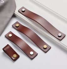 Load image into Gallery viewer, 3.78", 5", 6.3" Brown Leather Cabinet Handles | Gold, Silver, Bronze - Dresser Drawer Pulls, Kitchen Hardware (96, 128, 160mm)
