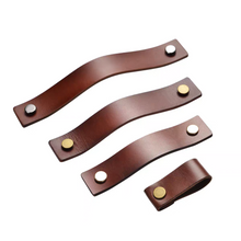Load image into Gallery viewer, 3.78", 5", 6.3" Brown Leather Cabinet Handles | Gold, Silver, Bronze - Dresser Drawer Pulls, Kitchen Hardware (96, 128, 160mm)
