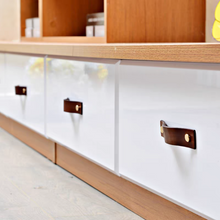 Load image into Gallery viewer, 3.78", 5", 6.3" Brown Leather Cabinet Handles | Gold, Silver, Bronze - Dresser Drawer Pulls, Kitchen Hardware (96, 128, 160mm)
