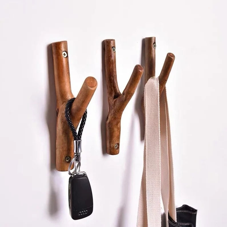 Nordic Solid Wood Branch Coat Hooks - Retro Log Design for Porch, Door, Homestay Wall | Wall-Mounted Coat Rack