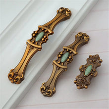 Load image into Gallery viewer, 3.78&quot;, 5&quot; (96, 128mm) Antique Brass &amp; Green Gem Drawer Knobs | Retro Rustic Kitchen Cabinet Handles, Dresser &amp; Closet Pulls
