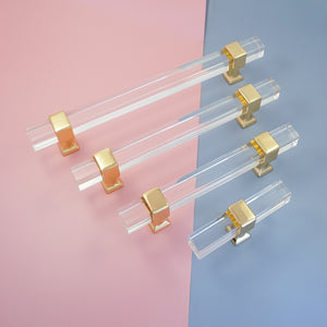 2.5"-10" Square Gold Clear Acrylic Pulls, Knobs & Handles | Drawer, Dresser, Cabinet & Bathroom Hardware