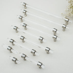 3.0"-14.0" Customizable Clear Silver Lucite/Acrylic Pulls & Knobs | Dresser, Wardrobe, Drawer & Cabinet Hardware