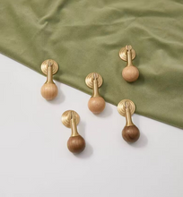 Load image into Gallery viewer, French Modern Solid Brass Pulls with Walnut &amp; Beech Wood Pendant, Premium Cabinet Handles for Drawer, Wardrobe
