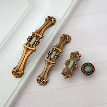 Load image into Gallery viewer, 3.78&quot;, 5&quot; (96, 128mm) Antique Brass &amp; Green Gem Drawer Knobs | Retro Rustic Kitchen Cabinet Handles, Dresser &amp; Closet Pulls
