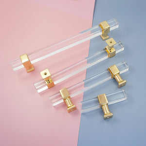 2.5"-10" Square Gold Clear Acrylic Pulls, Knobs & Handles | Drawer, Dresser, Cabinet & Bathroom Hardware