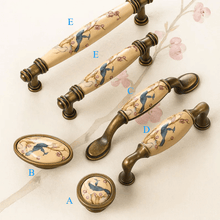 Load image into Gallery viewer, Vintage Ceramic Bird Inlay Cabinet Hardware - Antique Brass Knobs &amp; Pulls for Kitchen Cabinets
