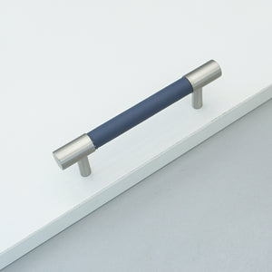 3.78"-5" Dark Blue Leather & Brushed Nickel Pulls, Knobs & Handles | Drawer, Cabinet, Wardrobe & Dresser Hardware