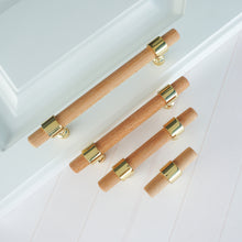 Load image into Gallery viewer, 2.5&quot;, 3&quot;, 3.78&quot;, 4&quot;, 5&quot;, 6.3&quot;, 8.8&quot; &amp; 10&quot; Beech Wood &amp; Gold Drawer Pulls | Cupboard Handles, Cabinet &amp; Dresser Knobs, Closet Wardrobe Hardware
