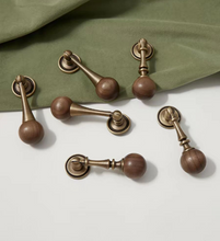 Load image into Gallery viewer, Mid-Century Brass Pendant Cabinet Pulls | French Retro Walnut Wardrobe Drawer Handles
