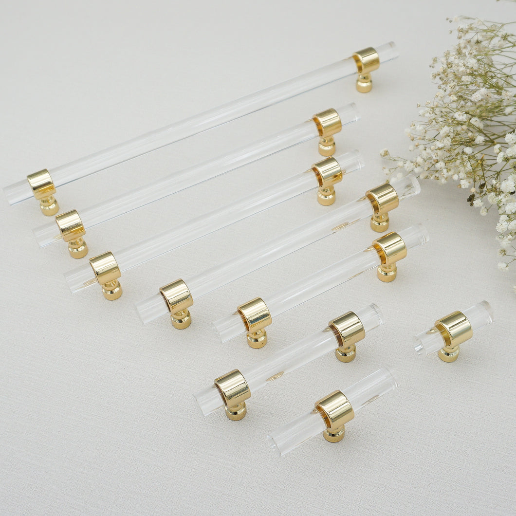 Customizable Acrylic Gold Clear Pulls, Knobs & Handles | Drawer, Dresser, Cabinet & Bathroom Hardware