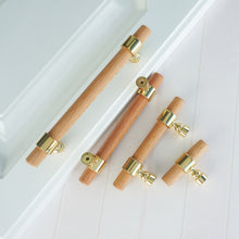 Load image into Gallery viewer, 2.5&quot;, 3&quot;, 3.78&quot;, 4&quot;, 5&quot;, 6.3&quot;, 8.8&quot; &amp; 10&quot; Beech Wood &amp; Gold Drawer Pulls | Cupboard Handles, Cabinet &amp; Dresser Knobs, Closet Wardrobe Hardware
