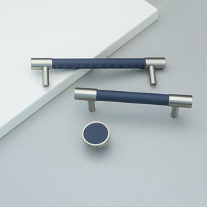 3.78"-5" Dark Blue Leather & Brushed Nickel Pulls, Knobs & Handles | Drawer, Cabinet, Wardrobe & Dresser Hardware