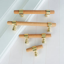 Load image into Gallery viewer, 2.5&quot;, 3&quot;, 3.78&quot;, 4&quot;, 5&quot;, 6.3&quot;, 8.8&quot; &amp; 10&quot; Beech Wood &amp; Gold Drawer Pulls | Cupboard Handles, Cabinet &amp; Dresser Knobs, Closet Wardrobe Hardware
