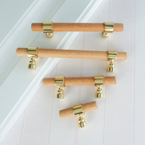 2.5", 3", 3.78", 4", 5", 6.3", 8.8" & 10" Beech Wood & Gold Drawer Pulls | Cupboard Handles, Cabinet & Dresser Knobs, Closet Wardrobe Hardware