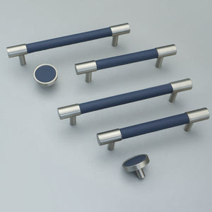 3.78"-5" Dark Blue Leather & Brushed Nickel Pulls, Knobs & Handles | Drawer, Cabinet, Wardrobe & Dresser Hardware