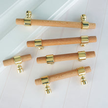 Load image into Gallery viewer, 2.5&quot;, 3&quot;, 3.78&quot;, 4&quot;, 5&quot;, 6.3&quot;, 8.8&quot; &amp; 10&quot; Beech Wood &amp; Gold Drawer Pulls | Cupboard Handles, Cabinet &amp; Dresser Knobs, Closet Wardrobe Hardware
