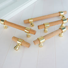 Load image into Gallery viewer, 2.5&quot;, 3&quot;, 3.78&quot;, 4&quot;, 5&quot;, 6.3&quot;, 8.8&quot; &amp; 10&quot; Beech Wood &amp; Gold Drawer Pulls | Cupboard Handles, Cabinet &amp; Dresser Knobs, Closet Wardrobe Hardware

