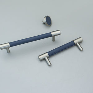 3.78"-5" Dark Blue Leather & Brushed Nickel Pulls, Knobs & Handles | Drawer, Cabinet, Wardrobe & Dresser Hardware