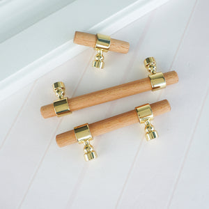 2.5", 3", 3.78", 4", 5", 6.3", 8.8" & 10" Beech Wood & Gold Drawer Pulls | Cupboard Handles, Cabinet & Dresser Knobs, Closet Wardrobe Hardware