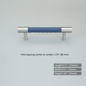 3.78"-5" Dark Blue Leather & Brushed Nickel Pulls, Knobs & Handles | Drawer, Cabinet, Wardrobe & Dresser Hardware