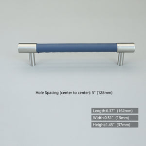 3.78"-5" Dark Blue Leather & Brushed Nickel Pulls, Knobs & Handles | Drawer, Cabinet, Wardrobe & Dresser Hardware