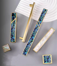 Load image into Gallery viewer, 3.78&quot;, 5&quot;, 6.3&quot; Natural Shell Knobs | Vivid Brass, Green &amp; White Drawer Pulls, Square Kitchen &amp; Dresser Handles, Home Decor Hardware
