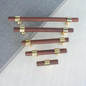2.5", 3", 4", 5", 8.8", 10" & 12.6" Walnut Wood & Polished Gold Drawer Pulls | Cabinet, Cupboard Handles, Dresser & Closet Knobs