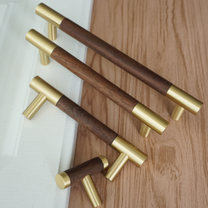 3.75", 5", 6.3" (160mm) Walnut, Beech & Brass Wardrobe Handles | Modern Kitchen Cabinet Door Handles, Closet Drawer Pulls & Dresser Knobs