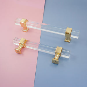 2.5"-10" Square Gold Clear Acrylic Pulls, Knobs & Handles | Drawer, Dresser, Cabinet & Bathroom Hardware