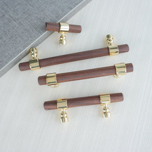2.5", 3", 4", 5", 8.8", 10" & 12.6" Walnut Wood & Polished Gold Drawer Pulls | Cabinet, Cupboard Handles, Dresser & Closet Knobs