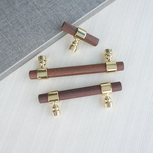 2.5", 3", 4", 5", 8.8", 10" & 12.6" Walnut Wood & Polished Gold Drawer Pulls | Cabinet, Cupboard Handles, Dresser & Closet Knobs