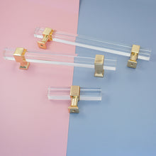 Load image into Gallery viewer, 2.5&quot;-10&quot; Square Gold Clear Acrylic Pulls, Knobs &amp; Handles | Drawer, Dresser, Cabinet &amp; Bathroom Hardware
