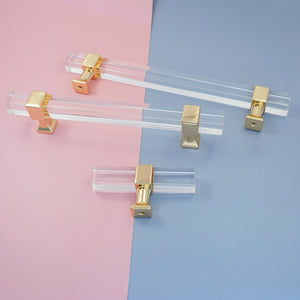 2.5"-10" Square Gold Clear Acrylic Pulls, Knobs & Handles | Drawer, Dresser, Cabinet & Bathroom Hardware