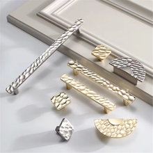 Load image into Gallery viewer, 3.78&quot;, 5&quot;, 7.56&quot; Gold Square &amp; Brushed Nickel Knobs | Art Decor Crater &amp; Semicircle Drawer Handles, Cabinet &amp; Gorgeous Hardware

