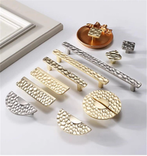 Load image into Gallery viewer, 3.78&quot;, 5&quot;, 7.56&quot; Gold Square &amp; Brushed Nickel Knobs | Art Decor Crater &amp; Semicircle Drawer Handles, Cabinet &amp; Gorgeous Hardware
