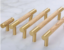 Load image into Gallery viewer, 3.75&quot;, 5&quot;, 6.3&quot; (160mm) Walnut, Beech &amp; Brass Wardrobe Handles | Modern Kitchen Cabinet Door Handles, Closet Drawer Pulls &amp; Dresser Knobs
