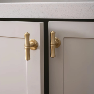 3.78", 5", 6.3", 8.8" Solid Brass & Bamboo Cabinet Door Handles | Brushed Brass Drawer Pulls, Unique Dresser Knobs, Closet Wardrobe Handles