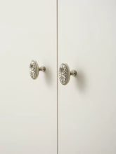 Load image into Gallery viewer, Maximalist French Vintage Brass Emblem Cabinet Knobs, Electroplated Rust-Proof Recessed Titanium Silver Drawer Pulls
