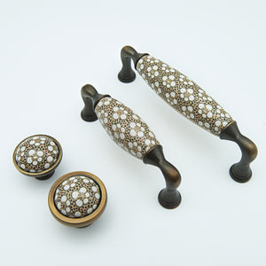 96mm Ceramic Brass Handles Pulls Knobs - Brown White Vintage Rural Chic Cabinet Hardware