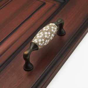 96mm Ceramic Brass Handles Pulls Knobs - Brown White Vintage Rural Chic Cabinet Hardware