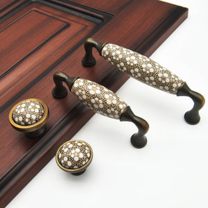 96mm Ceramic Brass Handles Pulls Knobs - Brown White Vintage Rural Chic Cabinet Hardware