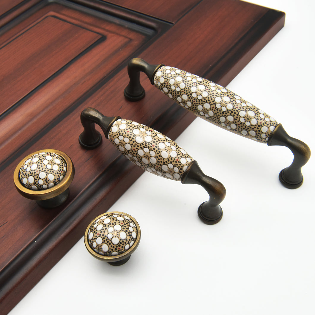 96mm Ceramic Brass Handles Pulls Knobs - Brown White Vintage Rural Chic Cabinet Hardware