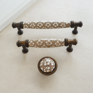 3.78", 5.0" (96mm) Ceramic Kitchen Handles | Brown, White & Brass Vintage Rural Chic Drawer & Cabinet Pulls, Dresser Knobs